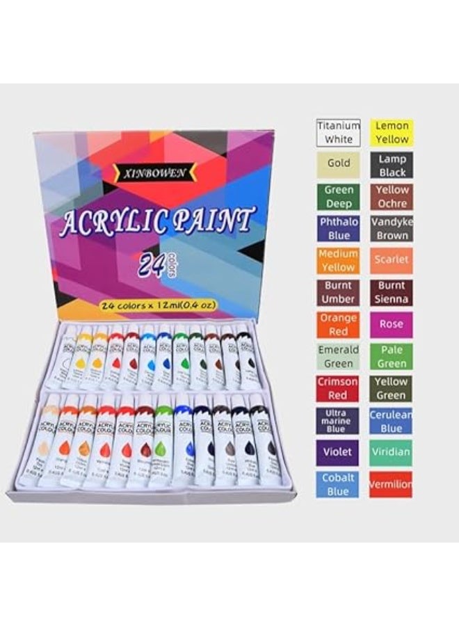 مجموعة طلاء اكريليك  تركيبة غير سامة للرسم الفني للأطفال والكبار، لوازم فنية للقماش والسيراميك والزجاج والأحجار والنماذج الخشبية، 12 مل، 24 لون - Image 4